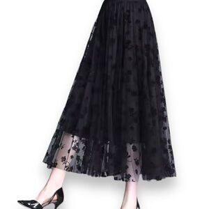 Black Multi Layer Floral Embroidered A-Line Midi Skirt - NEW